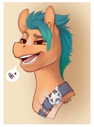 Size: 2060x2800 | Tagged: safe, artist:pixxpal, hitch trailblazer, earth pony, pony, g5, abstract background, bust, dialogue, high res, male, open mouth, portrait, solo, speech bubble, stallion, teeth