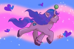 Size: 1772x1181 | Tagged: safe, artist:shacy's pagelings, izzy moonbow, pony, unicorn, g5, abstract background, ball, bracelet, female, heart, horn, horn guard, horn impalement, hornball, izzy's tennis ball, jewelry, mare, raised hoof, signature, solo, tennis ball, unshorn fetlocks