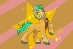 Size: 1772x1181 | Tagged: safe, artist:shacy's pagelings, hitch trailblazer, earth pony, pony, g5, abstract background, grin, looking at you, male, raised hoof, signature, smiling, solo, stallion, stars, teeth, unshorn fetlocks