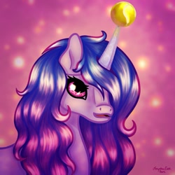 Size: 1181x1181 | Tagged: safe, artist:amynthaa, izzy moonbow, pony, unicorn, g5, abstract background, ball, female, horn, horn guard, horn impalement, hornball, izzy's tennis ball, mare, open mouth, solo, tennis ball