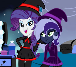 Size: 1280x1118 | Tagged: safe, artist:princessmoonsilver, rarity, oc, oc:krystel, equestria girls, g4, base used, clothes, dress, duo, hat, witch hat