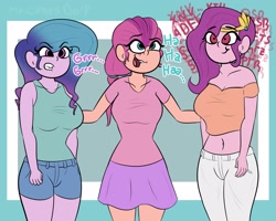 Size: 3000x2400 | Tagged: safe, artist:mrcakesboi, izzy moonbow, pipp petals, sunny starscout, equestria girls, g4, g5, abstract background, angry, bad anatomy, belly button, breasts, busty izzy moonbow, busty pipp petals, busty sunny starscout, clothes, dialogue, equestria girls-ified, female, g5 to equestria girls, grin, high res, izzy moodbow, midriff, open mouth, pants, pipp is tall, red eyes, red-eyed pipp, shirt, short shirt, shorts, skirt, smiling, trio