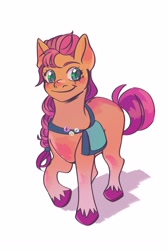 Size: 2000x3000 | Tagged: safe, artist:realivypool, sunny starscout, earth pony, pony, g5, badge, bag, braid, female, high res, mare, raised hoof, simple background, smiling, solo, unshorn fetlocks, white background