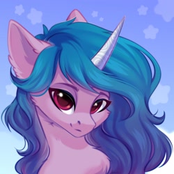 Size: 2048x2048 | Tagged: safe, artist:alphadesu, izzy moonbow, pony, unicorn, g5, abstract background, cute, ear fluff, female, gradient background, high res, izzybetes, looking at you, mare, solo, stars