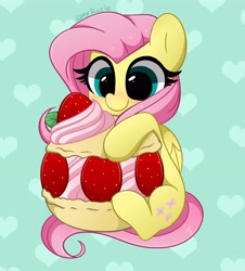 Size: 3697x4096 | Tagged: safe, artist:kittyrosie, fluttershy, pegasus, pony, g4, blushing, cute, daaaaaaaaaaaw, female, food, fruit, green background, heart, herbivore, high res, hungry, macaron, mare, shyabetes, simple background, sitting, solo, strawberry, sweet dreams fuel, weapons-grade cute