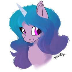Size: 2000x2000 | Tagged: safe, artist:aurorafang, izzy moonbow, pony, unicorn, g5, bust, chest fluff, cute, ear fluff, female, high res, izzybetes, looking at you, mare, portrait, signature, simple background, smiling, solo, white background