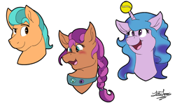 Size: 1700x1000 | Tagged: safe, artist:little tigress, artist:littletigressda, hitch trailblazer, izzy moonbow, sunny starscout, earth pony, pony, unicorn, g5, badge, ball, blushing, braid, bust, female, horn, horn guard, horn impalement, hornball, izzy's tennis ball, male, mare, open mouth, signature, simple background, smiling, stallion, tennis ball, white background