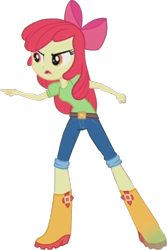 Size: 1137x1700 | Tagged: safe, edit, edited screencap, screencap, apple bloom, equestria girls, g4, my little pony equestria girls: rainbow rocks, angry, apple bloom's bow, background removed, belt, boots, bow, clothes, cropped, hair bow, jeans, not a vector, open mouth, pants, pointing, shirt, shoes, solo