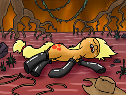 Size: 4000x3000 | Tagged: safe, artist:a-jaller, applejack, earth pony, pony, g4, applejack's hat, boots, cowboy hat, eyes closed, hat, high res, lasso, lying down, open mouth, rope, shoes, solo, swamp