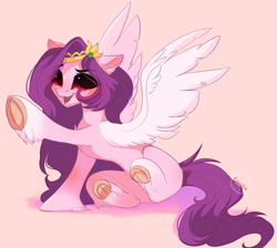 Size: 3680x3291 | Tagged: safe, artist:krissstudios, pipp petals, pegasus, pony, g5, adorapipp, belly, chest fluff, concave belly, cute, female, frog (hoof), high res, hoofbutt, looking at you, mare, open mouth, pink background, raised hoof, red eyes, red-eyed pipp, simple background, sitting, skinny pipp, solo, spread wings, underhoof, wings