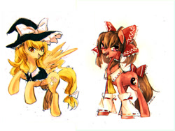 Size: 1031x775 | Tagged: safe, artist:meer712, earth pony, pegasus, pony, bow, crossover, duo, duo female, female, hakurei reimu, kirisame marisa, mare, miko, ponified, simple background, touhou, white background, witch