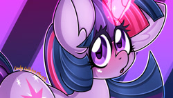 Size: 1280x729 | Tagged: safe, artist:ladylullabystar, twilight sparkle, pony, unicorn, g4, blushing, cropped, cropped porn, explicit source, female, glowing horn, horn, impossibly large ears, looking at you, looking back, looking back at you, magic, mare, shiny, solo, unicorn twilight