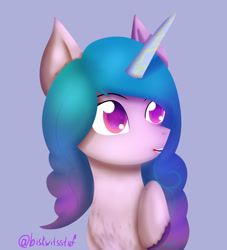 Size: 2000x2200 | Tagged: safe, artist:biskwit, izzy moonbow, pony, unicorn, g5, blue background, bust, chest fluff, cute, female, high res, izzybetes, mare, portrait, raised hoof, signature, simple background, smiling, solo, unshorn fetlocks