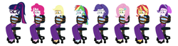 Size: 7696x2000 | Tagged: safe, artist:brightstar40k, artist:cartoonmasterv3, applejack, fluttershy, pinkie pie, rainbow dash, rarity, sci-twi, starlight glimmer, sunset shimmer, twilight sparkle, equestria girls, g4, bondage, bound and gagged, chair, cloth gag, clothes, clothes swap, gag, help us, humane five, humane seven, humane six, long skirt, looking down, rope, rope bondage, simple background, skirt, tied to chair, tied up, white background
