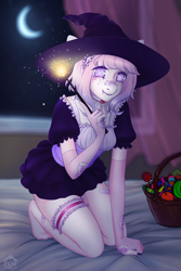 Size: 2000x3000 | Tagged: safe, artist:slh, oc, oc only, anthro, plantigrade anthro, bandaid, bandaid on nose, candy, clothes, evening gloves, food, gloves, halloween, hat, high res, holiday, long gloves, magic, magic wand, night, socks, solo, stocking feet, wingding eyes, wizard, wizard hat
