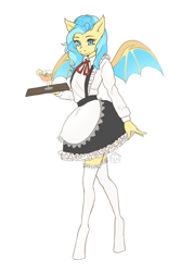 Size: 2000x3000 | Tagged: safe, artist:slh, oc, oc only, bat pony, anthro, blue hair, clothes, cocktail, high res, maid, solo, stockings, thigh highs, tray, waiter, wings