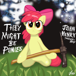 Size: 1400x1400 | Tagged: safe, artist:lennondash, apple bloom, earth pony, pony, g4, album parody, kneeling, pickaxe, ponified, ponified album cover, they might be giants