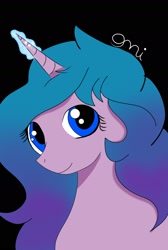 Size: 1440x2146 | Tagged: safe, artist:onistarflower, izzy moonbow, pony, unicorn, g5, black background, cute, female, glowing horn, horn, izzybetes, looking at you, mare, signature, simple background, smiling, solo, wrong eye color