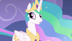 Size: 1920x1080 | Tagged: safe, screencap, princess celestia, alicorn, pony, g4, horse play, crown, female, jewelry, looking back, mare, open mouth, regalia, solo