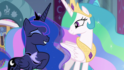 Size: 1920x1080 | Tagged: safe, screencap, princess celestia, princess luna, alicorn, pony, g4, the beginning of the end, beautiful, crown, duo, duo female, eyes closed, female, giggling, grin, hoof on chest, hoof shoes, jewelry, mare, regalia, royal sisters, siblings, sisters, smiling, teeth, throne room