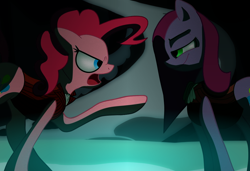 Size: 1024x699 | Tagged: safe, edit, editor:tcgamebot, pinkie pie, earth pony, pony, g4, cave, clothes, confrontation, dr jekyll and mr hyde, dr pinkie and miss pie, dramatic, duality, female, fight, inner demons, mare, mirror pool, pinkamena diane pie, smiling