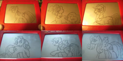 Size: 900x450 | Tagged: safe, artist:hoshikan, applejack, fluttershy, pinkie pie, rainbow dash, rarity, twilight sparkle, g4, etch-a-sketch, mane six, photo