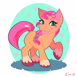 Size: 2975x2975 | Tagged: safe, artist:clown_soda, sunny starscout, earth pony, pony, g5, abstract background, blushing, braid, female, heart, high res, looking at you, mare, open mouth, raised hoof, signature, solo, unshorn fetlocks