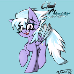 Size: 4500x4500 | Tagged: safe, artist:flywheel, cloudchaser, pegasus, pony, g4, blue background, chest fluff, ear fluff, eye clipping through hair, female, looking at you, mare, raised hoof, raised leg, simple background, smiling, smiling at you, solo, two toned wings, wings