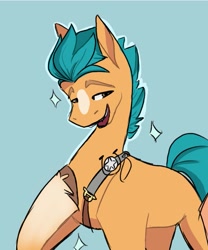 Size: 851x1024 | Tagged: safe, artist:elcy_bellcup, hitch trailblazer, earth pony, pony, g5, blue background, male, open mouth, raised hoof, simple background, solo, sparkles, stallion, unshorn fetlocks