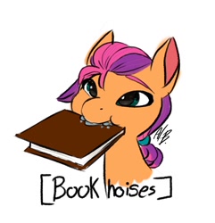 Size: 986x1024 | Tagged: safe, artist:elcy_bellcup, sunny starscout, earth pony, pony, g5, book, bookhorse, braid, descriptive noise, drool, female, mare, mouth hold, nom, simple background, text, white background