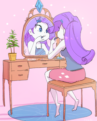 Size: 1278x1590 | Tagged: safe, artist:fuyugi, rarity, equestria girls, g4, :3, applying makeup, barefoot, clothes, cutie mark, cutie mark on clothes, dresser, eyeshadow, feet, lipstick, makeup, mirror, rug, sitting, solo, table