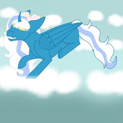 Size: 1280x1280 | Tagged: safe, artist:exp-adoptables, oc, oc:fleurbelle, alicorn, pony, alicorn oc, bow, cloud, eyes closed, female, hair bow, horn, mare, walking on clouds, wings