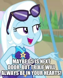 Size: 500x615 | Tagged: safe, edit, edited screencap, screencap, trixie, equestria girls, equestria girls specials, g4, g5, my little pony equestria girls: better together, my little pony equestria girls: forgotten friendship, beach, caption, clothes, female, image macro, imgflip, meme, open mouth, sarong, sitting, solo, sunglasses, swimsuit, text