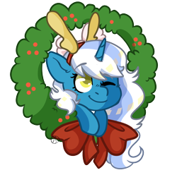 Size: 954x920 | Tagged: safe, artist:bub-a-dubb, oc, oc:fleurbelle, alicorn, pony, adorabelle, alicorn oc, bow, cute, female, hair bow, holly, horn, mare, ocbetes, one eye closed, simple background, transparent background, wings, wink, wreath