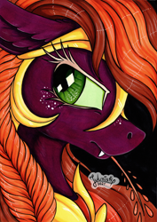 Size: 3466x4906 | Tagged: safe, artist:julunis14, part of a set, applejack, earth pony, pony, g4, absurd file size, absurd resolution, alternate hairstyle, armor, braid, bust, fangs, female, freckles, frown, gameloft interpretation, hay stalk, mare, nightmare applejack, nightmarified, signature, solo, straw in mouth, traditional art