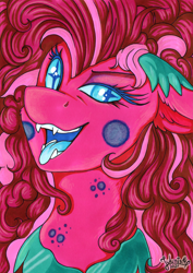 Size: 3461x4896 | Tagged: safe, artist:julunis14, part of a set, pinkie pie, earth pony, pony, g4, bust, ear fluff, fangs, gameloft interpretation, nightmare pinkie, nightmarified, portrait, solo, tongue out, wingding eyes