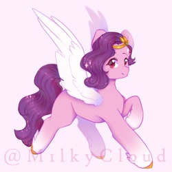 Size: 1200x1200 | Tagged: safe, artist:cofiiclouds, pipp petals, pegasus, pony, g5, female, looking at you, mare, raised hoof, red eyes, red-eyed pipp, simple background, solo, spread wings, text, unshorn fetlocks, white background, wings