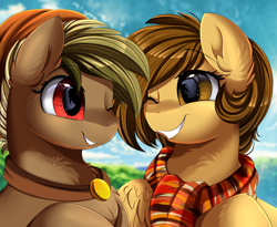 Size: 3215x2640 | Tagged: safe, artist:pridark, oc, oc only, pegasus, pony, clothes, cute, duo, high res, looking at each other, ocbetes, one eye closed, raffle winner, red eyes, scarf, smiling