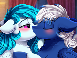 Size: 2379x1783 | Tagged: safe, artist:pridark, oc, oc only, pegasus, pony, blushing, chest fluff, clothes, couple, cute, duo, eyes closed, female, kissing, looking at each other, male, oc x oc, ocbetes, one eye closed, raffle winner, red eyes, scarf, shipping, smiling, straight
