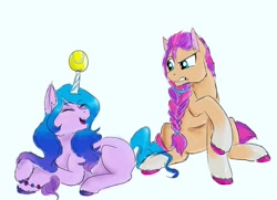 Size: 1080x784 | Tagged: safe, artist:fatepriceof, izzy moonbow, sunny starscout, earth pony, pony, unicorn, g5, ball, bracelet, braid, duo, eyes closed, female, grin, horn, horn guard, horn impalement, hornball, izzy's tennis ball, jewelry, mare, open mouth, raised hoof, simple background, sitting, smiling, tennis ball, unshorn fetlocks, white background