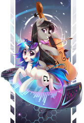 Size: 2605x3811 | Tagged: safe, alternate version, artist:makaronder, dj pon-3, octavia melody, vinyl scratch, earth pony, pony, unicorn, g4, bow (instrument), bowtie, cello, cello bow, duo, duo female, female, glasses, glasses off, glowing horn, high res, horn, mare, musical instrument, octavia's bowtie, open mouth, open smile, simple background, smiling, synthesizer, transparent background, vinyl's glasses