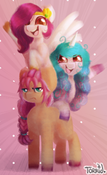 Size: 388x632 | Tagged: safe, artist:torridliner, izzy moonbow, pipp petals, sunny starscout, earth pony, pegasus, pony, unicorn, g5, abstract background, braid, female, looking at you, mare, open mouth, raised hoof, red eyes, red-eyed pipp, signature, spread wings, unamused, unshorn fetlocks, wings