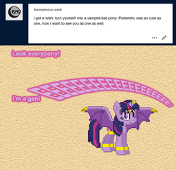 Size: 504x487 | Tagged: safe, artist:verve, twilight sparkle, alicorn, bat pony, bat pony alicorn, genie, pony, ask genie twilight, g4, ask, bat ponified, bat wings, eeee, female, horn, mare, race swap, solo, species swap, twibat, twilight sparkle (alicorn), wings