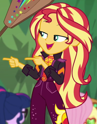 Size: 731x928 | Tagged: safe, screencap, applejack, fluttershy, sci-twi, sunset shimmer, twilight sparkle, equestria girls, equestria girls specials, g4, my little pony equestria girls: better together, my little pony equestria girls: sunset's backstage pass, cropped, female, finger gun, finger guns, geode of empathy, magical geodes