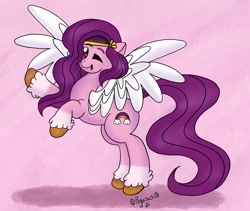 Size: 1947x1646 | Tagged: safe, artist:indigoskiesmod, pipp petals, pegasus, pony, g5, blushing, female, looking at you, mare, one eye closed, open mouth, raised hoof, red eyes, red-eyed pipp, signature, solo, spread wings, unshorn fetlocks, wings, wink