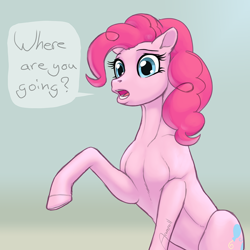 Size: 1000x1000 | Tagged: safe, artist:arareroll, pinkie pie, pony, g4, belly, detailed, female, fit, mare, muscles, offscreen character, slender, solo, speech bubble, sternocleidomastoid, talking to viewer, thin