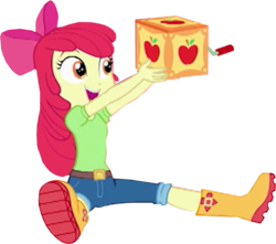 Size: 1200x1060 | Tagged: safe, edit, edited screencap, screencap, apple bloom, equestria girls, equestria girls specials, g4, my little pony equestria girls: better together, my little pony equestria girls: holidays unwrapped, the cider louse fools, adorabloom, background removed, boots, bow, box, clothes, cute, hair bow, jack-in-the-box, jeans, not a vector, open mouth, pants, shirt, shoes, sitting, smiling, solo