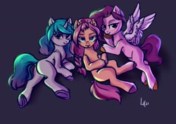Size: 2048x1448 | Tagged: safe, artist:loonya, izzy moonbow, pipp petals, sunny starscout, earth pony, pegasus, pony, unicorn, g5, blushing, braid, chest fluff, female, lidded eyes, looking at you, looking back, looking back at you, mare, red eyes, red-eyed pipp, simple background, sitting, trio, unshorn fetlocks, wings