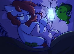 Size: 2300x1680 | Tagged: safe, oc, oc only, blanket, cellphone, cutie mark, headphones, phone, pillow, plushie, red mane, red tail, sleeping, smartphone, toy