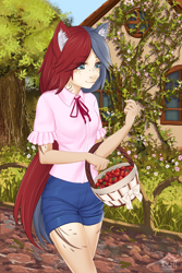 Size: 2000x3000 | Tagged: safe, artist:slh, oc, oc only, oc:irdbee, anthro, blue eyes, bush, cottagecore, cute, female, flower, food, garden, high res, house, road, solo, strawberry, walking